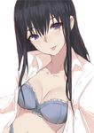  :p bangs black_hair blue_bra blue_eyes blue_panties blush bra breasts closed_mouth collarbone collared_shirt commentary dress_shirt hair_between_eyes highres koe_no_katachi light_smile long_hair long_sleeves looking_at_viewer medium_breasts navel norman_maggot open_clothes open_shirt panties romaji_commentary school_uniform shirt simple_background solo tongue tongue_out ueno_naoka underwear upper_body white_background white_shirt wing_collar 