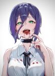  1girl absurdres black_choker black_ribbon blood blood_from_mouth blood_on_clothes blood_on_face chainsaw_man choker green_eyes grey_background hair_between_eyes highres looking_at_viewer neck_ribbon otsu_hai18 reze_(chainsaw_man) ribbon severed_tongue shirt sleeveless sleeveless_shirt solo white_shirt 