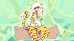  2017 4_fingers anthro breasts canine clothed clothing eyebrows feline female full-length_portrait fur hair hand_behind_head hi_res looking_at_viewer mammal markings multicolored_fur open_mouth portrait qualzar simple_background smile solo stripes tiger tongue two_tone_fur white_fur white_hair 