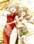  2girls :d absurdres anime_coloring arm_up armpit_crease blonde_hair blue_eyes breasts bun_cover china_dress chinese_clothes copyright_name copyright_notice double_bun dress dumpling floral_print food from_below green_dress green_eyes hair_bun high_heels highres holding holding_plate kawata_kazuki long_dress long_hair looking_at_viewer luminous_witches lyudmila_andreyevna_ruslanova magazine_scan mc_axis multiple_girls official_art open_mouth plate platform_heels red_dress scan shiny_skin short_dress side_slit small_breasts smile standing standing_on_one_leg thighs two_side_up virginia_robertson world_witches_series 