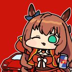  1girl animal_ears bow breasts brown_hair car chibi commentary drink green_eyes holding holding_drink horse_ears horse_girl jazz_jack lamborghini_countach lowres maruzensky_(formula_r)_(umamusume) maruzensky_(umamusume) motor_vehicle one_eye_closed open_mouth red_background red_bull red_skirt simple_background skirt solo two-tone_bow umamusume 