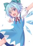  :d asa_(coco) blue_dress blue_eyes blue_hair blue_ribbon bow cirno dress dress_shirt hair_bow ice ice_wings open_mouth outstretched_arms outstretched_hand puffy_short_sleeves puffy_sleeves ribbon shirt short_hair short_sleeves smile solo touhou white_shirt wings 