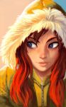  blue_eyes fur-trimmed_jacket fur_trim hood hoodie jacket light_rays original raichiyo33 red_hair sunlight sunset winter_clothes 