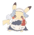  animal_focus apron bow closed_mouth clothed_pokemon commentary_request full_body holding ketchup ketchup_bottle maid maid_apron maid_headdress mkt_(buizu-miki) no_humans pikachu pokemon pokemon_(creature) pokemon_focus simple_background solo standing white_background 