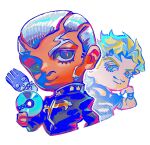  1other 2boys arm_support black_eyes black_mask black_shirt blonde_hair blue_eyes buzz_cut cassock cd chibi chibi_only clothing_cutout cropped_torso dark-skinned_male dark_skin dio_brando enrico_pucci facial_hair high_collar highres holding_cd jojo_no_kimyou_na_bouken looking_at_another looking_at_viewer multiple_boys shirt short_hair simple_background stand_(jojo) stone_ocean uu0000322 very_short_hair white_background white_hair whitesnake_(stand) wristband 