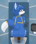  2025 absurd_res accessory anthro anus arm_tattoo bathroom big_butt blue_body blue_fur blue_hair blush butt butt_focus canid canine clothing digital_media_(artwork) feces female fox fur furgonomics green_eyes hair hi_res jewelry krystal_(star_fox) leg_tattoo looking_back mammal nintendo notmypornaccount pooping relieved ring sighing sitting solo star_fox tail tail_accessory tail_jewelry tail_ring tattoo text thick_thighs thigh_tattoo toilet toilet_paper toilet_use topwear white_body white_fur 