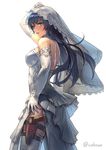  bare_shoulders blue_eyes blue_hair blush bridal_gauntlets bride cuboon elbow_gloves gloves gun handgun holster long_hair maria_traydor pistol solo star_ocean star_ocean_till_the_end_of_time thigh_strap thighhighs weapon 