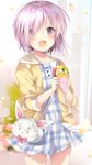  bag commentary_request crepe dress fate/grand_order fate_(series) food food_wrapper fou_(fate/grand_order) hair_over_one_eye mash_kyrielight md5_mismatch open_mouth plaid plaid_dress pon_(ponidrop) purple_eyes purple_hair short_hair smile solo 