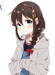  ahoge blue_eyes braid brown_hair hair_flaps hair_ornament jewelry kantai_collection naoto_(tulip) necklace remodel_(kantai_collection) ribbon shigure_(kantai_collection) single_braid solo 