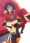  1girl bandages belt black_hair black_panties blush boots brown_hair couch dress dress_lift fingerless_gloves gloves groin hands hetero jacket kono_subarashii_sekai_ni_shukufuku_wo! long_sleeves marker medium_hair megumin on_couch open_mouth panties panty_pull pov pubic_hair pussy red_eyes revenge satou_kazuma sidelocks simple_background single_thighhigh solo_focus strapless strapless_dress tears thighhighs track_jacket tube_dress ukokkei underwear wavy_mouth white_background 