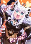  1girl absurdres ahoge animal_ear_fluff animal_ears aqua_eyes birthday black_dress blush braid breasts cleavage cleavage_cutout clothing_cutout commentary_request copyright_name copyright_notice dress foreshortening fox_ears fox_girl fox_tail gloves hair_between_eyes happy_birthday highres hololive incoming_hug long_hair looking_at_viewer mahou_shoujo_holowitch! medium_breasts notraidersin1 official_alternate_costume official_alternate_hairstyle open_mouth reaching reaching_towards_viewer second-party_source shirakami_fubuki sidelocks smile solo tail virtual_youtuber white_hair 