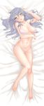  1girl areola_slip areolae blush bra breasts dakimakura grey_eyes grey_hair groin hair_between_eyes highres long_hair lying medium_breasts navel on_back open_bra original panties pink_bra pink_panties side-tie_panties signature solo strap_slip thealagator thighs underwear 