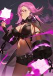  arm_strap belt black_shorts breasts chain cleavage cuffs earrings forever_7th_capital groin hip_bones huge_breasts jewelry long_hair looking_at_viewer lulu_(forever_7th_capital) midriff mr_cloud navel pink_eyes pink_hair scarf shackles short_shorts shorts solo 