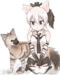  aardwolf aardwolf_(kemono_friends) aardwolf_ears aardwolf_tail animal animal_ears animal_print artist_name bare_shoulders black_eyes black_hair blush bow breasts elbow_gloves gloves highres kemono_friends large_breasts long_hair looking_away multicolored_hair necktie shirt short_hair simple_background sitting skirt sleeveless smile solo tail tatsuno_newo two-tone_hair white_background white_hair 