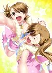 boots brown_eyes brown_hair foreshortening from_above futami_ami futami_mami holding_hands idolmaster idolmaster_(classic) long_hair looking_at_viewer multiple_girls open_mouth pink_diamond_765 short_hair siblings side_ponytail sisters twins zen 