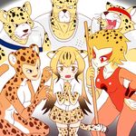  3girls apollo_(cheetahmen) aries_(cheetahmen) bangs bare_arms bare_shoulders black_eyes breasts brown_hair cheetah_(dc) cheetah_(kemono_friends) cheetah_boy cheetah_ears cheetah_girl cheetah_print cheetah_tail cheetahmen cheetara claw_pose claws cleavage closed_mouth collarbone collared_shirt commentary covered_nipples crossover dc_comics dress_shirt elbow_gloves english_commentary fangs flying_sweatdrops frown furrowed_eyebrows furry gloves gradient_hair hand_on_hip headband hercules_(cheetahmen) highres image_sample kemono_friends large_breasts leotard long_hair looking_at_viewer miniskirt multicolored_hair multiple_boys multiple_crossover multiple_girls muscle necktie open_mouth orange_hair orange_leotard own_hands_together pleated_skirt polearm print_gloves print_legwear print_neckwear print_skirt red_eyes roger_i.s. scared shirt short_hair short_sleeves skirt spotted_hair streaked_hair surrounded sweat thighhighs thundercats trait_connection tumblr_sample two-tone_hair very_long_hair wavy_mouth weapon whiskers white_shirt wing_collar zettai_ryouiki 