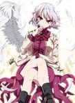  black_footwear boots breasts brooch crossed_legs dress feathered_wings feathers head_tilt highres jacket jewelry kishin_sagume long_sleeves looking_at_viewer medium_breasts nail_polish purple_dress red_eyes rihito_(usazukin) short_dress silver_hair simple_background single_wing solo touhou tsurime white_background white_wings wings 
