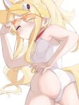  1girl 81q7bvjempsb6yb absurdres adjusting_eyewear animal_ear_fluff animal_ears ass blonde_hair blue_archive blush breasts bright_pupils closed_mouth commentary cowboy_shot extra_ears eyes_visible_through_hair fox_ears fox_girl fox_tail from_behind hair_over_one_eye halo hand_on_own_ass hand_up highres long_hair looking_at_viewer looking_back multicolored_eyes official_alternate_costume official_alternate_hairstyle one-piece_swimsuit orange-tinted_eyewear pink_eyes seia_(blue_archive) seia_(swimsuit)_(blue_archive) side_ponytail sidelocks simple_background small_breasts solo sunglasses swimsuit tail tinted_eyewear two-tone_eyes visor_cap wavy_hair white_background white_one-piece_swimsuit white_pupils yellow_eyes yellow_halo 