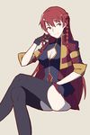  black_gloves blue_eyes braid breasts cleavage_cutout gloves large_breasts long_hair long_sleeves re:creators red_hair selesia_upitiria sitting skirt smile solo thighhighs twin_braids vic 