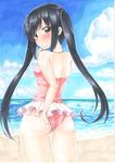 absurdres adjusting_clothes adjusting_swimsuit ass bad_anatomy beach black_hair brown_eyes casual_one-piece_swimsuit day from_behind highres horizon k-on! long_hair looking_at_viewer looking_back marker_(medium) nakano_azusa ocean one-piece_swimsuit outdoors pink_swimsuit solo swimsuit swimsuit_skirt thigh_gap traditional_media twintails yuuki_chima 
