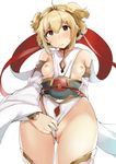  andira_(granblue_fantasy) arm_behind_back ass_visible_through_thighs bare_shoulders blonde_hair blush breasts breasts_outside brown_eyes censored clothing_aside commentary_request cowboy_shot detached_sleeves erune eyebrows_visible_through_hair fur-trimmed_sleeves fur_trim granblue_fantasy hair_between_eyes hairband legs_apart looking_at_viewer mosaic_censoring nipples no_bra no_panties parted_lips sash short_hair simple_background small_breasts solo standing sweatdrop thighhighs wakamesan white_background 