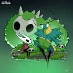 anthro arachnid arthropod fansl female feral green_prince_(hollow_knight:_silksong) group headpat hi_res hollow_knight_(franchise) hornet_(hollow_knight) insect male mantis moss mossgrub nervous patting plant simple_background spikes spikes_(anatomy) team_cherry