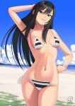  1girl alternate_costume beach bikini black_hair black_hairband blue_eyes blue_sky breasts hair_between_eyes hairband hand_on_own_hip highres long_hair looking_at_viewer multicolored_swimsuit ocean open_mouth rocky-ace sky small_breasts smile solo swimsuit tohno_akiha tsukihime 