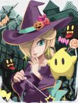  1girl absurdres blonde_hair blue_eyes bomb_boo boo_(mario) bow breasts brooch candy closed_mouth dress earrings fangs food ghost hair_over_one_eye halloween hat highres holding holding_candy holding_food holding_lollipop holding_wand jack-o&#039;-lantern_hat_ornament jewelry lollipop long_hair long_sleeves looking_at_viewer luma_(mario) mario_(series) mario_kart mario_kart_tour official_alternate_costume open_mouth pumpkin_hat_ornament purple_bow purple_dress purple_hat red_bow rosalina rosalina_(halloween) sasaki_sakiko sharp_teeth silk smile spider_web star_(symbol) star_brooch star_earrings star_wand teeth wand witch witch_hat yellow_eyes 