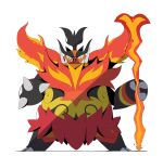  black_fur boar claws closed_mouth emboar fangs fire flaming_weapon full_body highres holding holding_staff looking_at_viewer mega_emboar mega_pokemon no_humans orange_fur pokemon pokemon_(creature) pokemon_focus psaber97 sharp_teeth simple_background solo staff teeth tusks weapon white_background 