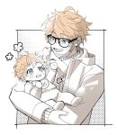  2boys akehoshi_subaru baby bbahot bib blue_eyes carrying carrying_baby carrying_person ensemble_stars! glasses hair_between_eyes highres hood hooded_jacket jacket korean_commentary long_sleeves looking_at_another looking_at_viewer lower_teeth_only male_focus mask mouth_mask multiple_boys orange_hair partially_colored short_hair sketch smile teeth unworn_mask upper_body white_background 