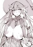  areolae between_breasts blush breasts breath commentary_request covered_nipples detached_sleeves granblue_fantasy greyscale hair_between_eyes hand_on_another's_arm hat huge_breasts long_hair looking_at_viewer magisa_(granblue_fantasy) monochrome nipple_slip nipples parted_lips sketch solo_focus sweat upper_body wakamesan witch_hat 