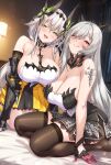  2girls :q absurdres berenica_(duet_night_abyss) black_thighhighs blush breasts closed_mouth commentary_request duet_night_abyss eyes_visible_through_hair gloves green_eyes highres indoors large_breasts long_hair multiple_girls open_mouth red_eyes saiki_(kof) shirokuma_a sitting smile thighhighs thighs tongue tongue_out white_hair 