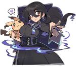  1girl almightychiru alternate_breast_size_(larger) black_corset black_dress black_hair blush breasts clothed_pokemon commentary corset curvy dress earrings fake_tail grey_eyes hair_between_eyes heart hex_maniac_(pokemon) hex_maniac_(pokemon_legends:_z-a) highres holding holding_pokemon jewelry juliet_sleeves large_breasts large_earrings long_hair long_sleeves mimikyu pointy_ears pokemon pokemon_(creature) pokemon_legends:_z-a puffy_sleeves purple_nails purple_ribbon ribbon solid_oval_eyes sphere_earrings spoken_heart stitches tail 