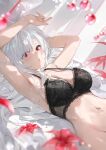  1girl bare_shoulders berenica_(duet_night_abyss) black_bra blush bra breasts cleavage dema_hmw duet_night_abyss highres large_breasts long_hair looking_at_viewer navel open_mouth red_eyes solo underwear white_hair 