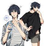  !? 1boy alternate_body_size alternate_costume bandaid bandaid_on_arm black_hair black_shirt black_sleeves blunt_ends brushing_teeth casual choppy_bangs clenched_hand closed_mouth clothes_lift contemporary dintoge earrings foam genshin_impact grey_eyes grey_shorts groin hand_on_own_hip hands_up highres holding holding_toothbrush injury jewelry looking_at_viewer looking_to_the_side male_focus midriff_peek multiple_views navel notice_lines scaramouche_(genshin_impact) shirt shirt_lift short_sleeves shorts spoken_interrobang stitched_arm stitches striped_clothes striped_shirt striped_sleeves sweat three-quarter_sleeves tongue tongue_out toothbrush toothbrush_in_mouth white_background white_shirt white_sleeves 