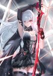  1girl absurdres arm_up armpits asymmetrical_gloves bare_shoulders berenica_(duet_night_abyss) black_cape black_dress black_gloves black_thighhighs breasts cape cleavage closed_mouth commentary cowboy_shot dress duet_night_abyss gloves hair_between_eyes highres holding holding_sword holding_weapon large_breasts long_hair looking_at_viewer mismatched_gloves red_eyes red_gloves solo sword thighhighs thighs vardan weapon white_hair 