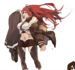  1boy 1girl ahoge black_hairband brown_hair carrying carrying_over_shoulder carrying_person eris_greyrat floating_hair fur-trimmed_jacket fur_trim hairband highres husband_and_wife jacket kabujinuo looking_to_the_side midriff mushoku_tensei navel red_hair rudeus_greyrat white_background 