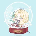  1girl :o aqua_eyes bad_link beret blonde_hair blue_background braid brown_ribbon brown_shoes buttons chibi chinese_commentary commentary_request expressionless eyelashes frosty_wish_(shining_nikki) fur-trimmed_sleeves fur_hat fur_trim hair_over_shoulder hat in_snow_globe light_blush long_hair long_skirt long_sleeves looking_ahead mittens neck_ribbon nikki_(series) open_mouth outstretched_arm parted_bangs parted_lips pine_tree plaid_clothes plaid_skirt pom_pom_(clothes) red_skirt ribbon shining_nikki shoes simple_background single_braid sitting skirt snow snow_globe snowflake_in_eye snowing snowman sweater tareme tree very_long_hair watermark weibo_watermark white_hat white_mittens white_sweater xiaoyu_qixing 