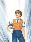  1990s_(style) 1girl blue_eyes cowboy_shot helmet holding holding_unworn_helmet izumi_noa kidou_keisatsu_patlabor necktie official_art open_mouth retro_artstyle scarf short_hair smile solo takada_akemi unworn_headwear unworn_helmet 