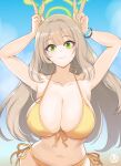  1girl armpits arms_up bikini blue_archive breasts brown_hair cleavage collarbone double_v front-tie_bikini_top front-tie_top green_eyes green_halo halo highres huge_breasts long_hair navel nonomi_(blue_archive) nonomi_(swimsuit)_(blue_archive) official_alternate_costume revolverwing scrunchie side-tie_bikini_bottom smile swimsuit v wrist_scrunchie wristband yellow_bikini 