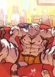  2017 abs anthro armpits barefoot biceps black_fur boxers_(clothing) bulge clothed clothing dark-dusk eyes_closed fangs feline fur group male mammal muscular muscular_male navel nipples open_mouth pecs relaxing shopping signature stripes tiger topless underwear white_fur white_tiger 