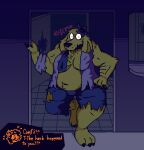 abdominal_scar amber_(felineflustered) ankle_scar anthro appliance arm_hair arm_tuft belly_tuft bodily_fluids body_hair bottomwear canid canine canis chest_tuft claws clothing comfii_(felineflustered) demon destroyed_clothing dialogue domestic_cat domestic_dog drooling ear_scar eye_bags felid feline felineflustered felis flower_accessory fridge gynomorph inside intersex jacket kitchen_appliance looking_at_viewer lycanthropy mammal messy_fur musclegut muscular muscular_gynomorph muscular_intersex neck_scar onomatopoeia pants property_damage saliva scar scarf shoulder_tuft solo sound_effects surprised text topwear torn_bottomwear torn_clothing torn_jacket torn_pants trans_(lore) trans_woman_(lore) transformation tuft werecanid werecreature wrist_scar