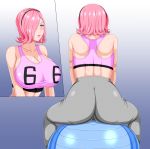  1girl artist_request ass bare_shoulders blue_eyes blush breasts cleavage from_behind hair_over_one_eye hairband hips huge_breasts one_piece parted_lips pink_hair shiny shiny_clothes shiny_hair shiny_skin short_hair solo sports_bra vinsmoke_reiju wide_hips 