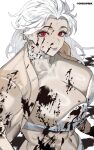  1girl abs absurdres blood breasts dorohedoro ear_piercing earrings highres jewelry large_breasts long_hair muscular muscular_female noi_(dorohedoro) park_ongjol piercing red_eyes simple_background solo underwear white_hair 