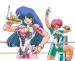  1980s_(style) 2girls blue_hair breasts dirty_pair dokite_tsukasa earrings highres jewelry kei_(dirty_pair) long_hair looking_at_viewer multiple_girls official_art red_hair retro_artstyle short_hair simple_background smile white_background wrestling_outfit wrestling_ring yuri_(dirty_pair) 