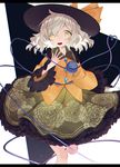  bad_id bad_pixiv_id black_hat blouse bow dagger eyeball floral_print green_eyes green_skirt hat heart heart_of_string komeiji_koishi long_sleeves marimo_tarou open_mouth petticoat rose_print short_hair silver_hair skirt smile solo third_eye touhou weapon wide_sleeves yellow_blouse yellow_bow 