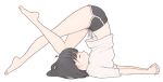  1girl 1ssakawaguchi absurdres barefoot black_shorts bob_cut brown_hair closed_eyes closed_mouth crossed_legs dolphin_shorts feet flexible from_side full_body highres ichika_(1ssakawaguchi) legs light_blush midriff original shirt short_hair short_shorts shorts shoulderstand simple_background solo t-shirt thighs white_background white_shirt yoga 