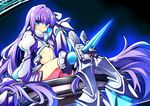  &gt;:) armor armored_boots baba_(baba_seimaijo) bangs blue_eyes boots closed_mouth commentary_request fate/extra fate/extra_ccc fate/grand_order fate_(series) hair_ribbon highres juliet_sleeves long_hair long_sleeves looking_at_viewer meltlilith midriff navel puffy_sleeves purple_hair revealing_clothes ribbon sitting smile solo stomach v-shaped_eyebrows very_long_hair 