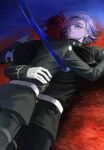  2boys absurdres ahoge aotsuki_eito arm_around_waist armband belt black_jacket black_pants black_streaks blood blood_on_ground boy_on_top closed_eyes commentary_request death eyeliner gakuran glasses gloves grey_hair highres ikirary impaled jacket last_defense_academy_school_uniform lying lying_on_person makeup male_focus multiple_boys on_back on_ground on_stomach pants red_eyeliner red_hair school_uniform short_hair sumino_takumi sword the_hundred_line_-last_defense_academy- weapon white_armband white_belt white_gloves 