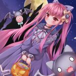  1girl alucard_lore bag bat_(animal) black_cloak candy cloak cross_hair_ornament dress emil_chronicle_online familiar food hair_ornament halloween haneno_hitsuji highres holding holding_bag lollipop long_hair moon night night_sky pink_cloak pink_hair purple_dress red_eyes sky twintails two-sided_cloak two-sided_fabric 